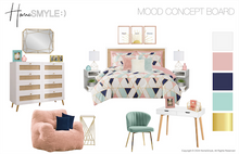 Load image into Gallery viewer, Predesigned Geo Glam Modern Bedroom Dorm Room Interior Design Room Design Inspiration Concept with Shopping List Mid Century Modern Glam Blush Pink
